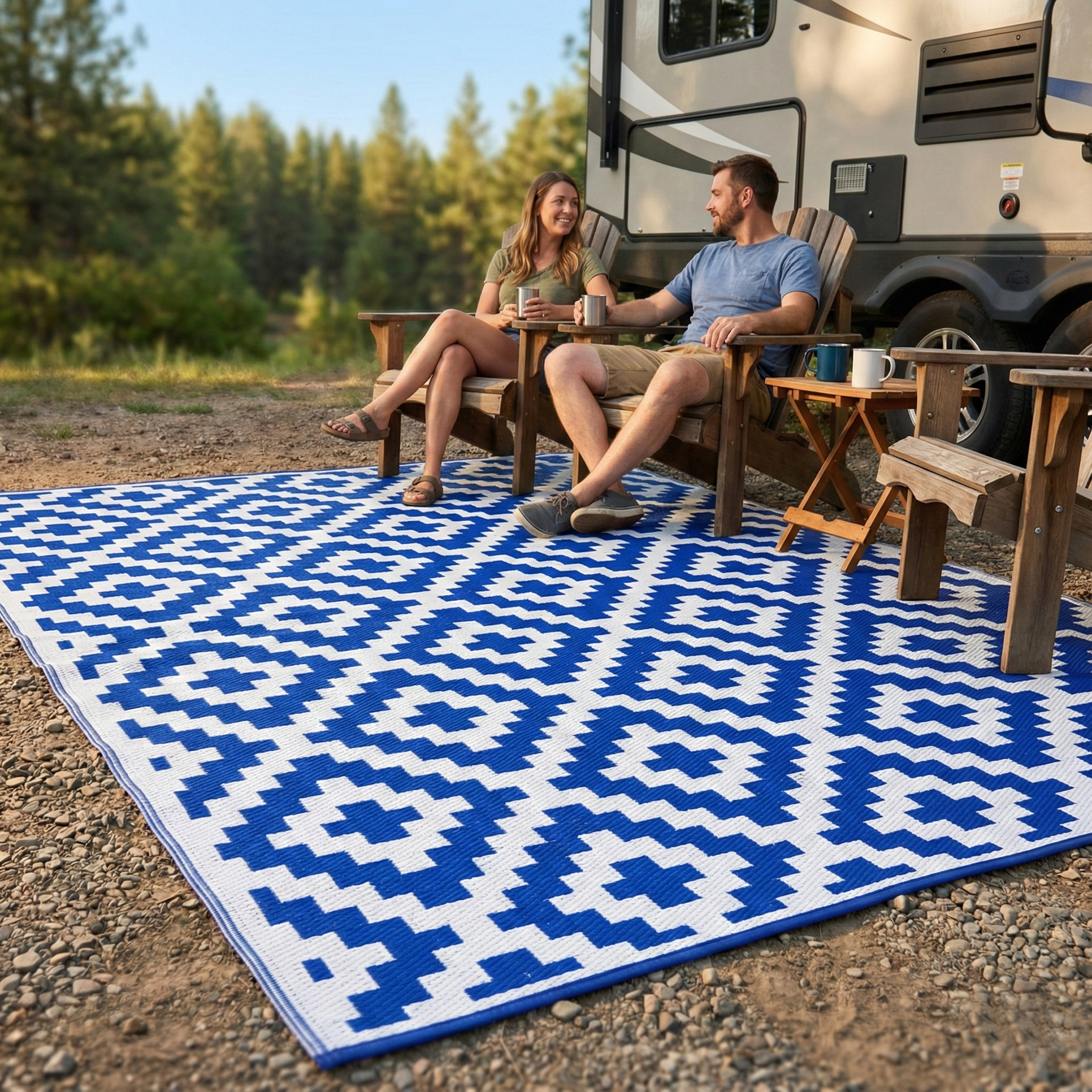 Lifestyle view of couple in camp chairs on blue and white diamond foldable outdoor rug by camper